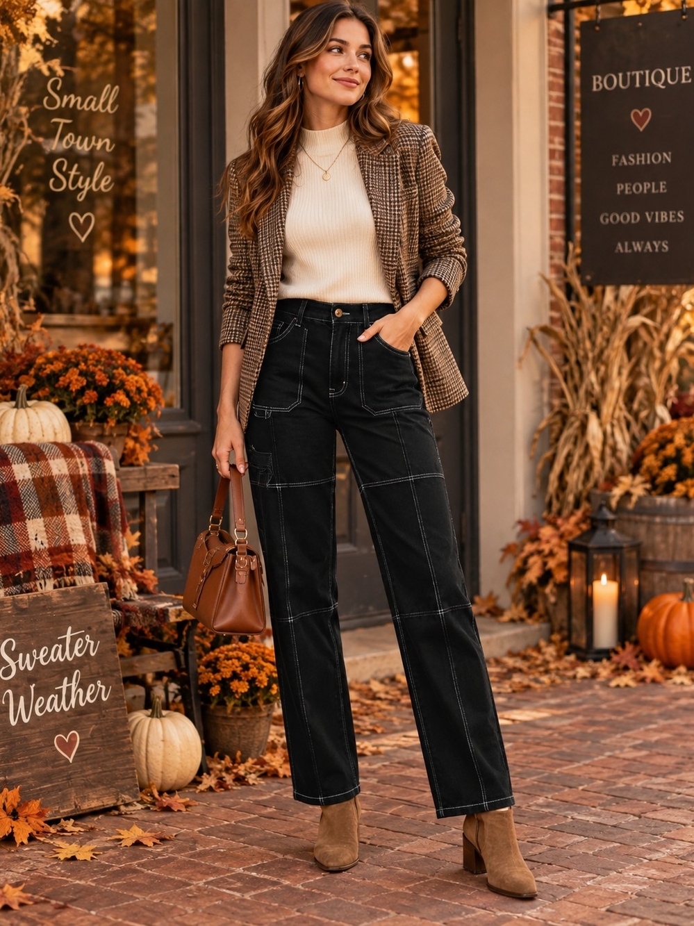 Ashley Stewart Black Patchwork Straight-Leg Jeans Size 18